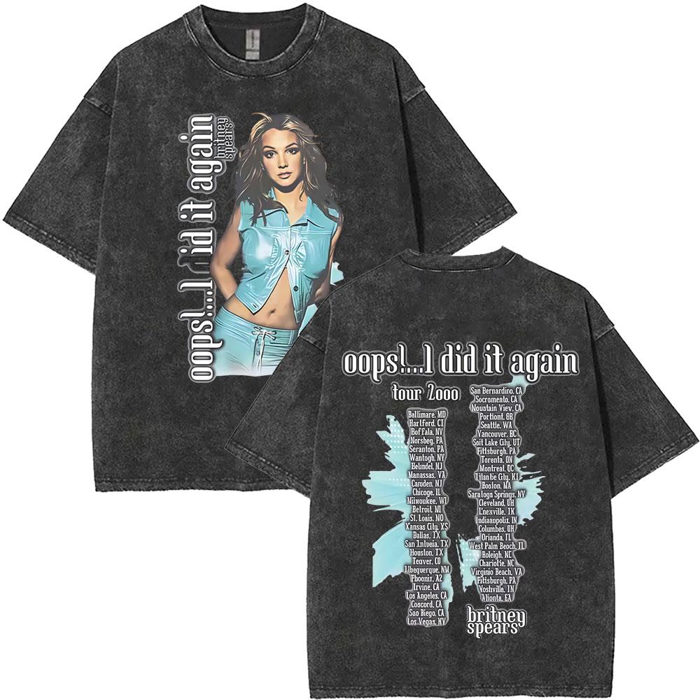 Limited Britney Spears Oops I Did It Again Tour  Vintage Washed T Shirt Summer Men Women High Quality Cotton Retro Tshirt