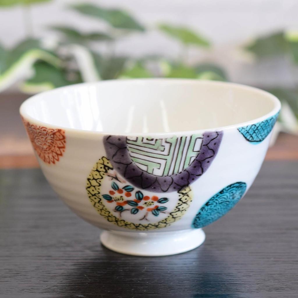 Waza no Kura Stylish Kutani Ware Rice Bowl - Colorful Round Pattern Ceramic Tea Bowl - High-End Brand Japanese Tableware - Made in Japan - Perfect Gif