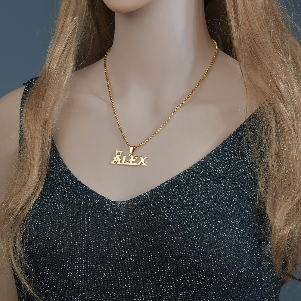New Personalized Thick Chain With Crown Names Pendant Hook Necklaces Bold Stainless Steel Custom Big Letter Necklace Jewelry