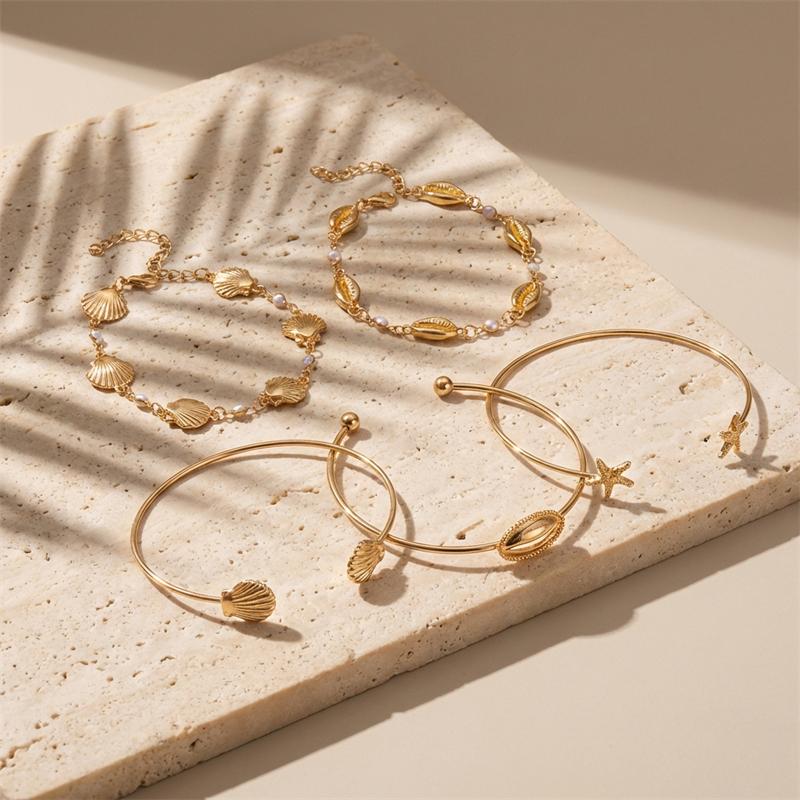 5Pcs Metal Starfish Shell Bracelets Set for Women Multilayer Boho Conch Scallop Stackable Bangles Summer Beach Party Jewelry