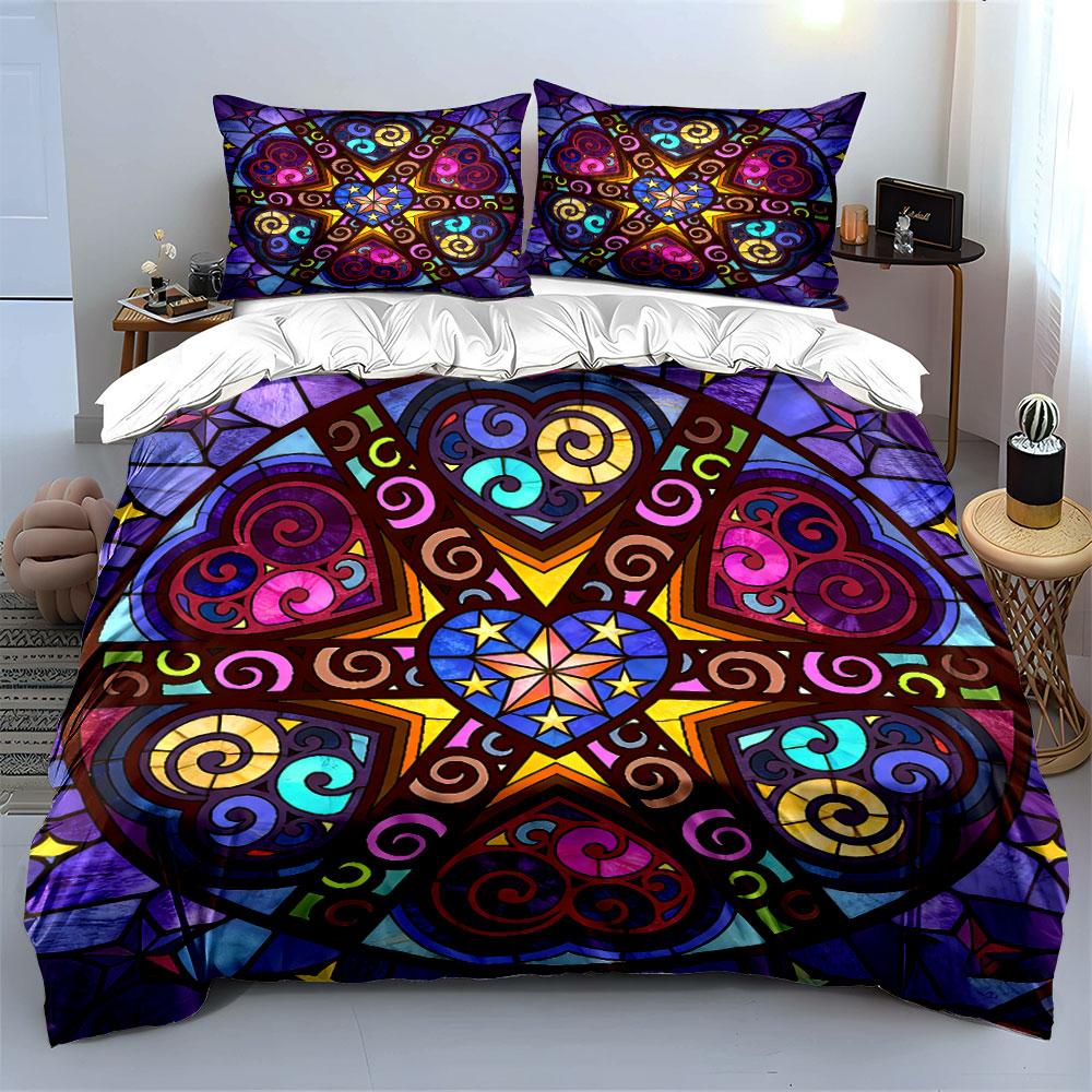 Stained Glass Heart Decor Set Soft Comfortable Duvet Cover Bedding Set Included 1*Duvet Cover & 2*Pillowcases, Gift