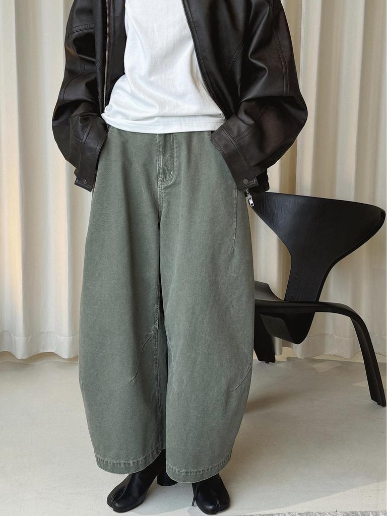 Xu Man Damen Frühling Koreanischer Arbeitskleidungsstil Halbelastischer Bund Laternen-Cropped-Hose