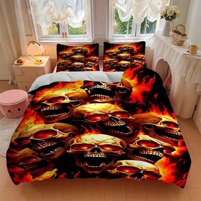 3pcs Anime Skulls Fire Print Comforter Set with 1 Quilt Cover & 2 Pillowcases (No Core) - Home Decor, Festival Gift, Polyester Fabric, Anime Cartoon D