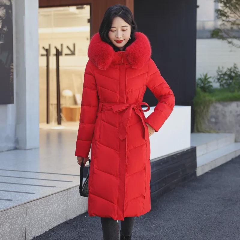 Women's Knee-Length Double-Sided Down Cotton Coat with Large Fur Collar Hood - New Winter Fashion.