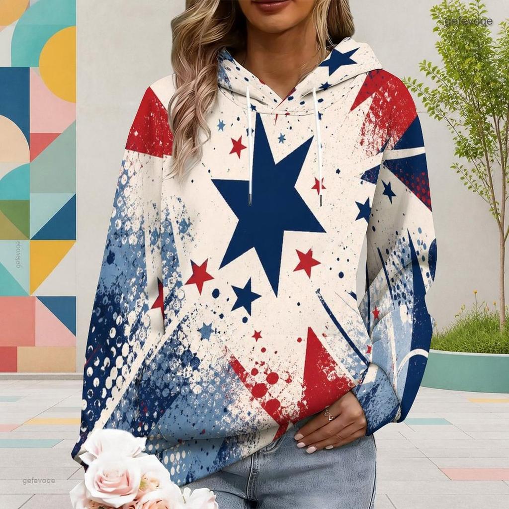 Women Plus Size Blue Star Printed Long Sleeve Drawstring Hood Pullover Hoodie With Kangaroo Pocket