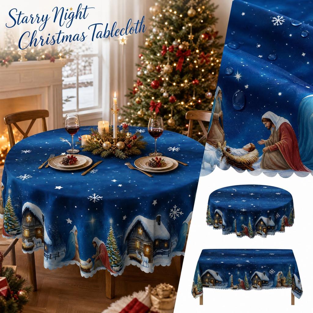 Elegant Christmas Tablecloth with Night Scene Print, Oil- Clean, Round or Square Decorative Table Cover for Holiday Party Dining