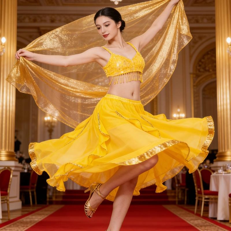 Bauchtanzkostüm für Damen Bauchtanzrock Chiffon Rüschen Maxirock Bauchtänzerin Outfit Halloween Kostüme