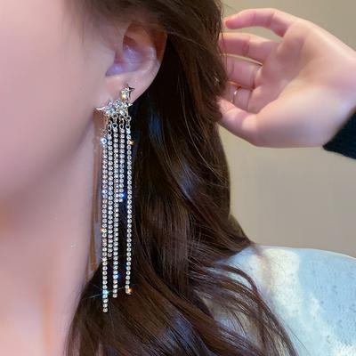 New Rhinestone Tassel Chain Earrings for Women Bling Luxury Zircon Long Drop Earring for Elegent Banquet Jewelry Daily Wear