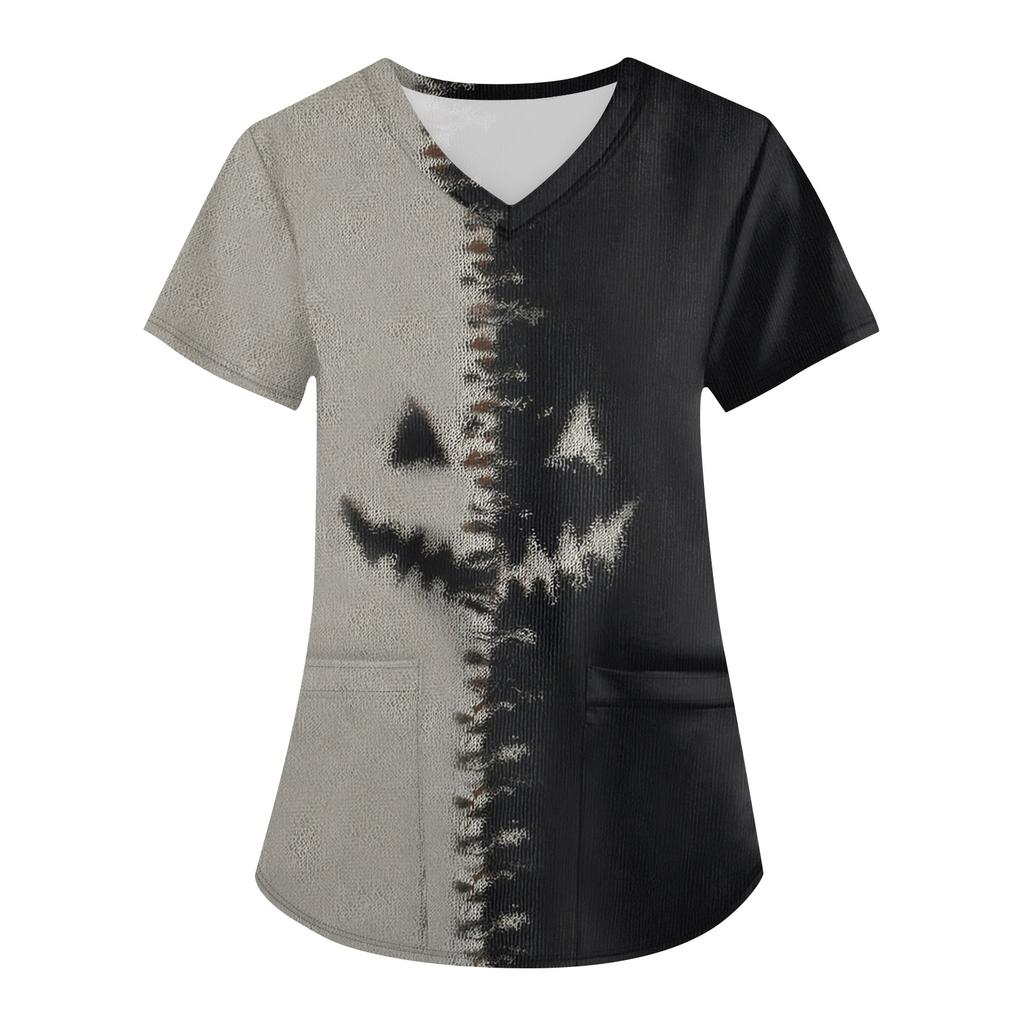 Women's Printing Uniform Work Uniform V-neck Pockets Basic Short Sleeve Pullover Top