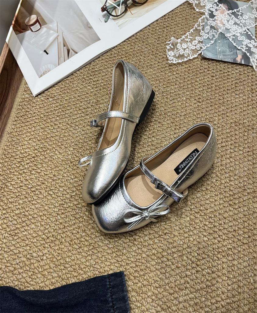 Leather version~ Leather French retro flat-bottomed bow light-mouth single shoes women's new silver Mary Jane evening shoes
