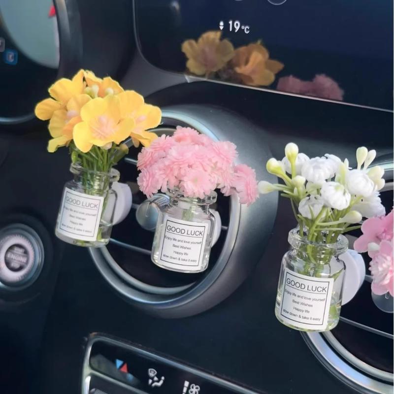 Car Center Console Air Outlet Simulated Flower Clips Ornaments Baby'S Breath Jasmine Vase For Girls Car Decorations