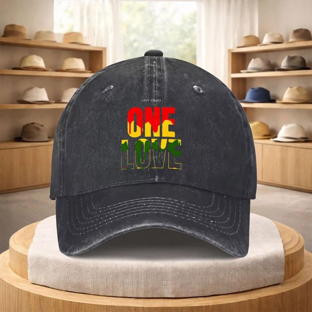 One Love Reggae Print Washed Baseball Cap Adjustable Cotton Outdoor Sports Hat Unisex
