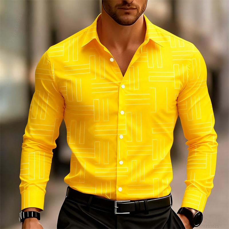 Men's Casual Long-Sleeve Slim Fit Black Geometric Pattern Breathable Versatile Formal Shirt Fashion Outdoor Men's Top