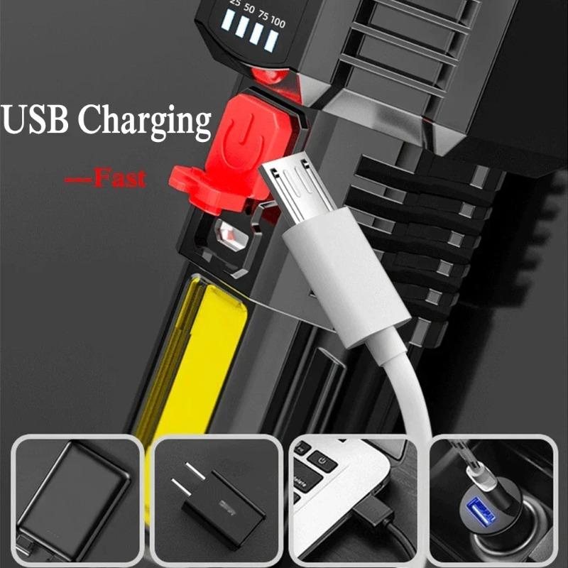 LED Super Bright Rechargeable Flashlight Waterproof Long Range Spotlight COB Light Battery Display Outdoor Camping Torch