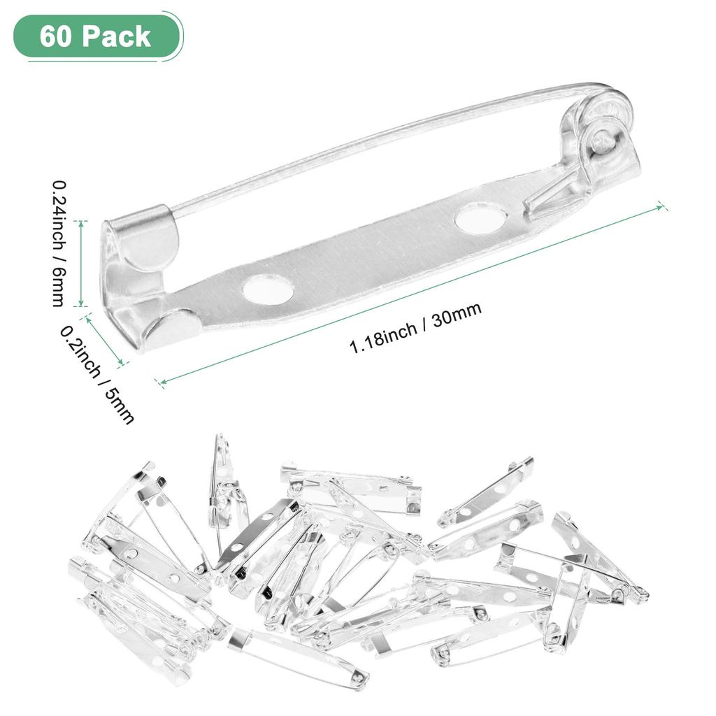 60pcs Bar Pins 30/35mm Brooch Pin Backs Safety Clasp for Badges Name Tags Corsage DIY Metal Boutonnieres Locking Pin-backing