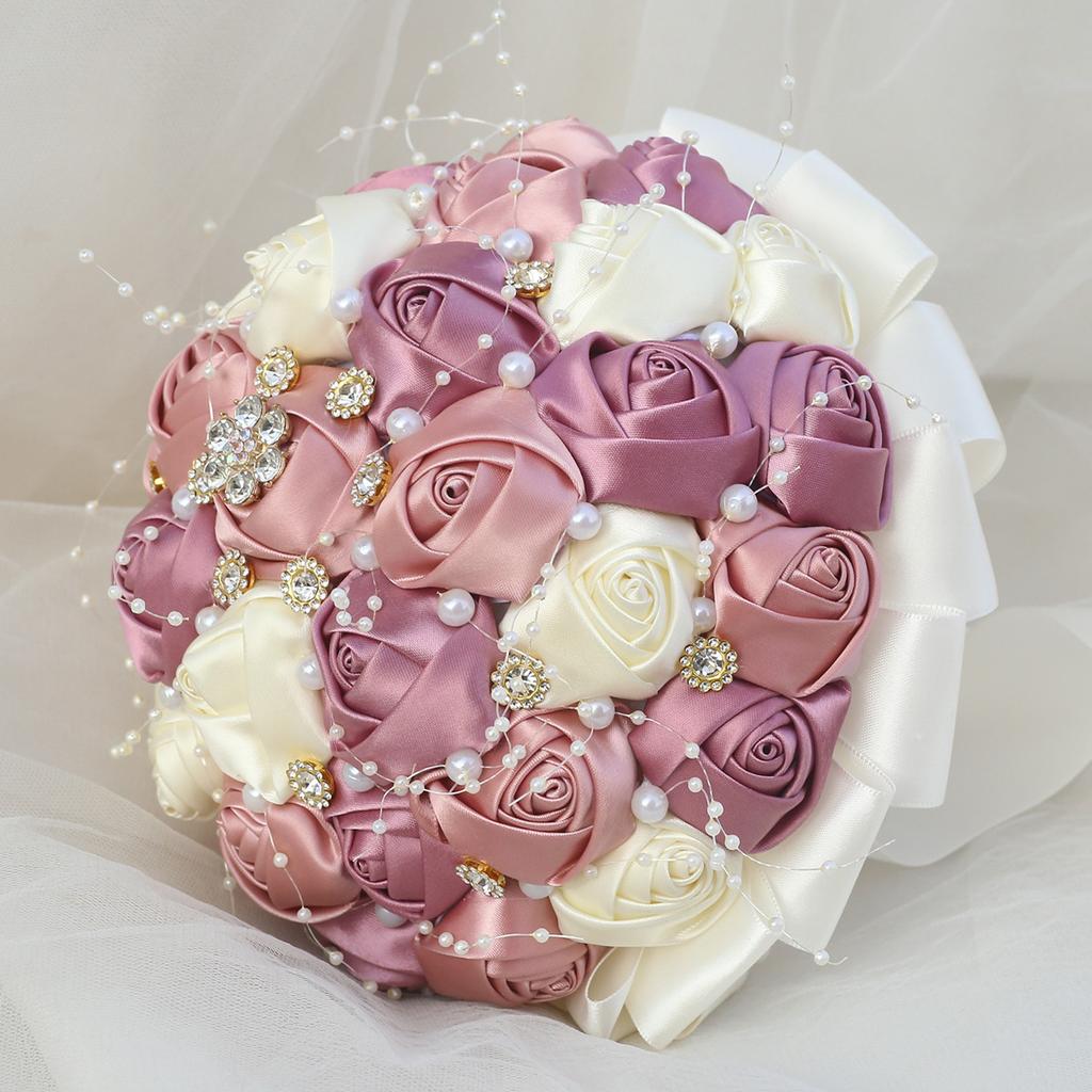 Weißes Staubiges Rosafarbenes Hochzeitsstrauß für Braut mit Kristallperlen-Kette Handgefertigte Satin-Rosenblüte Quinceañera-Strauß