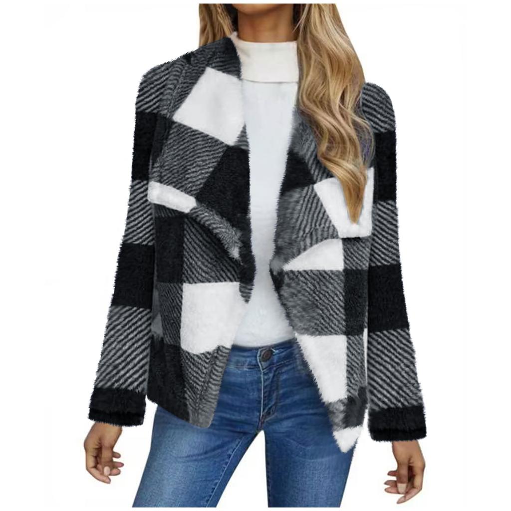 Ladies' Fashionable V Neck Long Sleeved Pocket Color Blocked Cardigan Flannel Warm Sleepwear Jacket