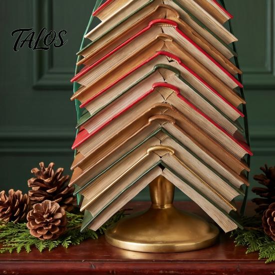 Vintage Hardcover Book Stack Figurine Stacked Christmas Tree Tabletop Decor, Resin Page Ornament for Home Creative Literature Themed Xmas Gift Office