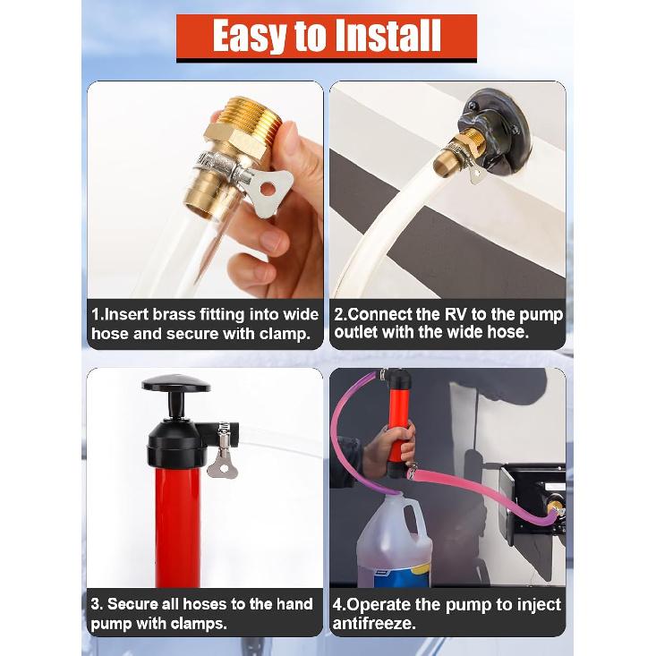 MADHOLLY Hand Fuel Pump With 3 Leakproof Clamps - RV Essentials Winterizing Kit, Antifreeze/Gas/Oil Transfer Siphon Pump