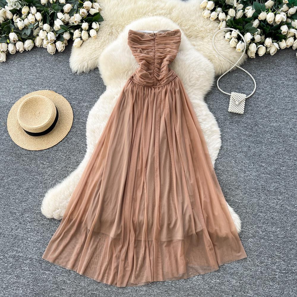 French sleeveless tube top pleated dress women's summer high waist waist thin temperament long mesh dress skirt