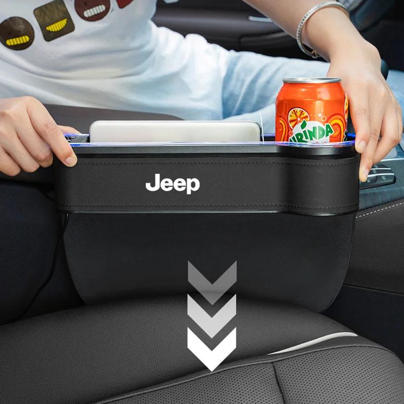For Jeep Car LED Lights Seat Gap Storage Box Cup Holder With USB Charging For Jeep Grand Cherokee Wrangler JK Gladiator Compa