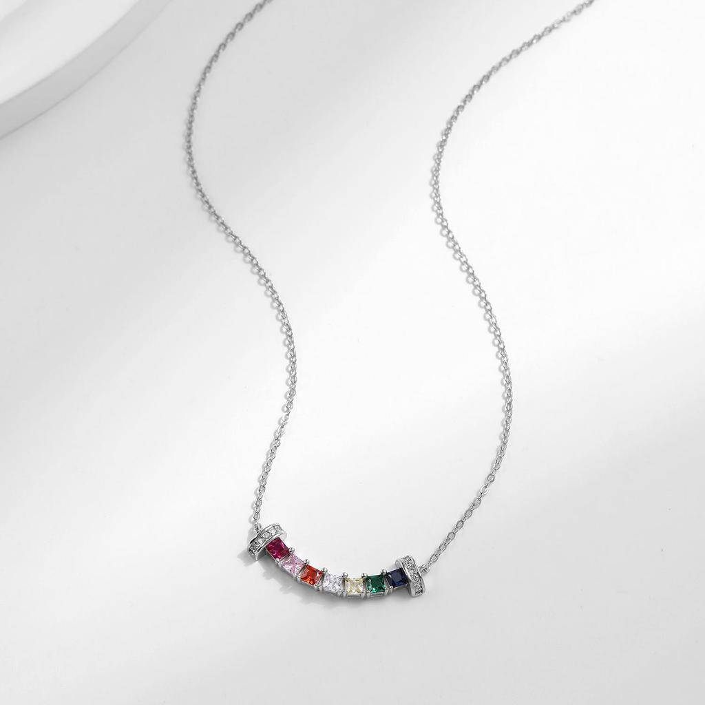 MODIAN 925 Sterling Silver Smile Square Rainbow Colorful Zirconia Pendant Necklace Fashion Neck Chain For Women Fine Jewelry