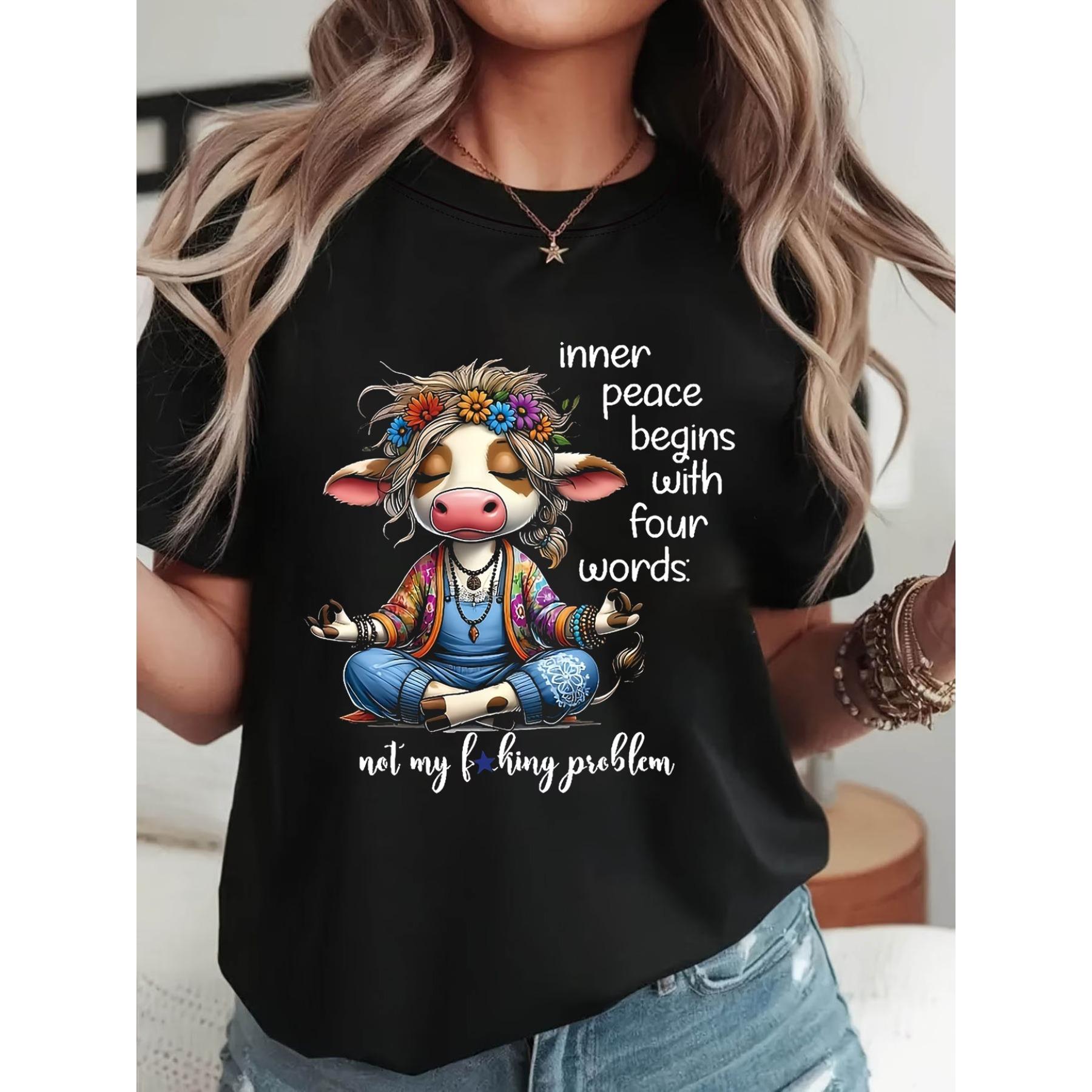 

Футболка с графическим принтом «Философия коровы», с коротким рукавом, с круглым вырезом, повседневный топ для весны/лета, женская одежда S чёрный