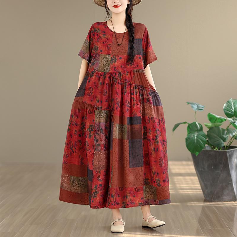 DIMANAF New 2026 Women Plus Size Spring Summer Casual Long Dress Print Red Cotton Loose Oversize Maxi Beach Sundress