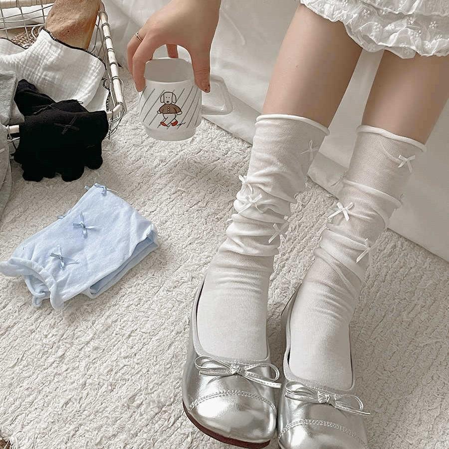 Female Summer Thin New Style Bow Ballet Wind Calf Pile Pile Socks