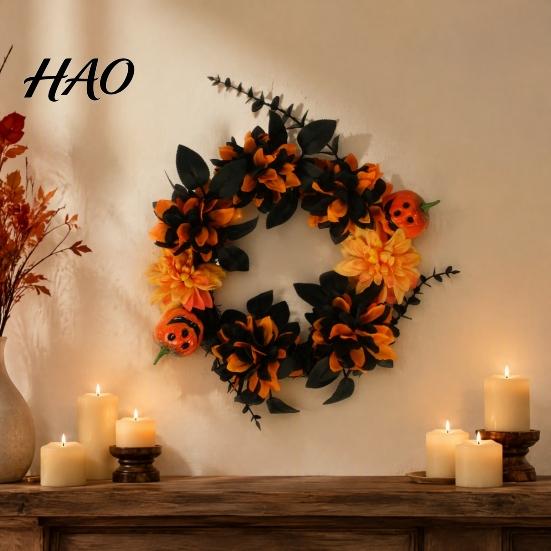 Thanksgiving Fall Hanging Decor Halloween Wreath for Front Door, Artificial Maple Leaf Rose Pumpkin Decorative Pendant Wall Wreath, Autumn Harvest