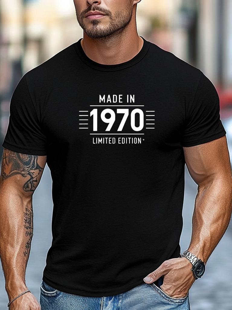 Plus-size Men's T-shirt, Relaxed and Casual, Simple and Stylish, Men's "MADE IN 1970 LIMITED EDITION" Graphic Summer Casual Crew Neck Short-sleeve T-s