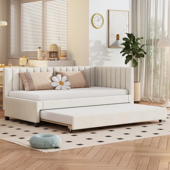 Guest Bed Upholstered 90x200cm, Pull-Out Sofa Bed, Multifunctional with Slatted Pillow Frame, Youth Beds Children Beds, Velvet Fabric Gray Double