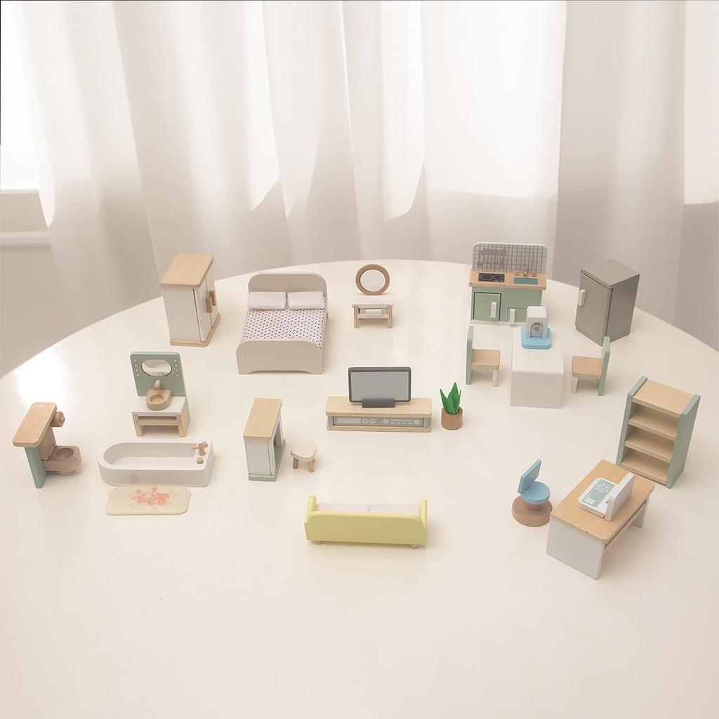 Mini Wooden Dollhouse Furniture Set for Kids: Kitchen, Bedroom, Bathroom Play Accessories