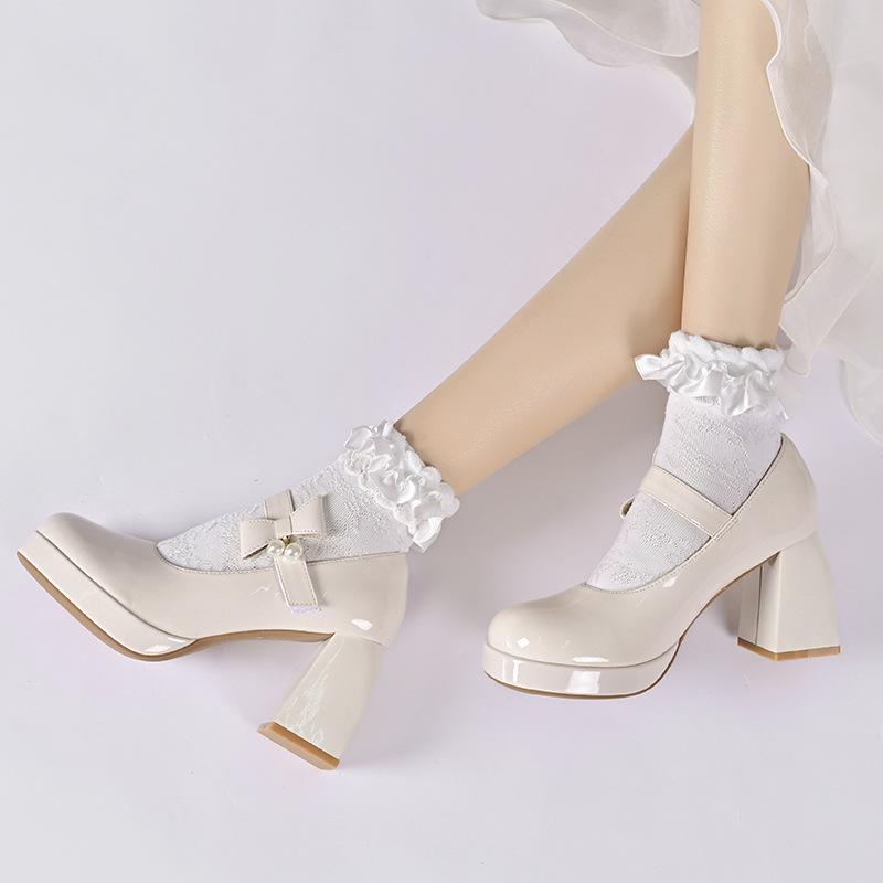 Sapatos Mary Jane de Salto Alto de Couro Sapatos Femininos Sapatos de Salto Grosso Sapatos Femininos de Laço Preto Pequenos de Couro