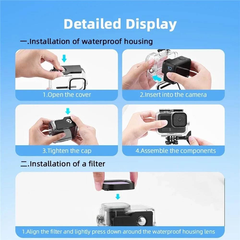 For GoPro Hero 12/11/10/9 Action Camera Waterproof Case Lightweight PC Filter Lens Accessories