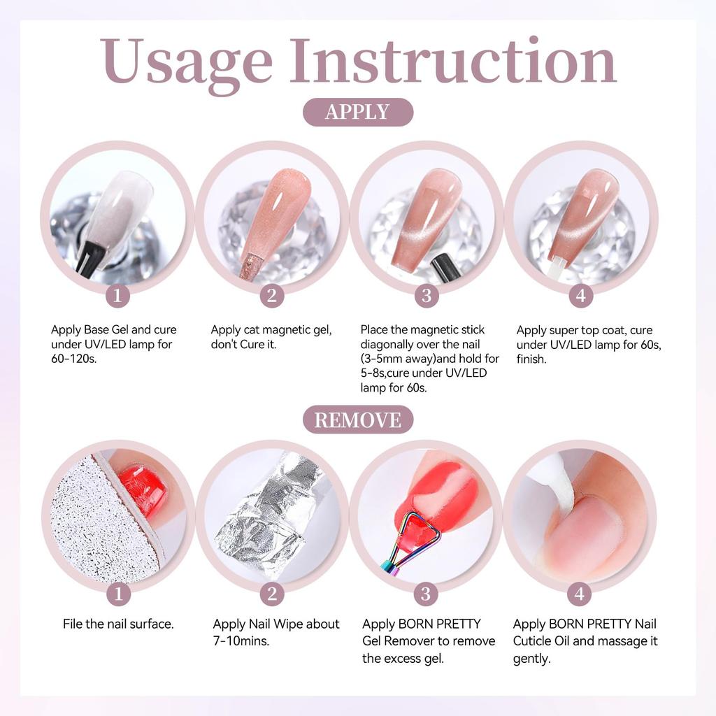 BORN PRETTY Cat Eye Magnetic Gel Nail Polish Peach Light Includes glitter and 7ml 6-Color Set Pink, Nude, Purple, Silver. shimmer. Soak-off, UV/LED