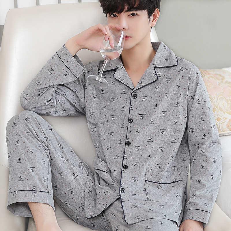 Men's 100% Cotton Long Sleeve and Pants Pajama Set - Plus Size, Spring/Autumn, Loose Fit, Two-Piece Home Wear