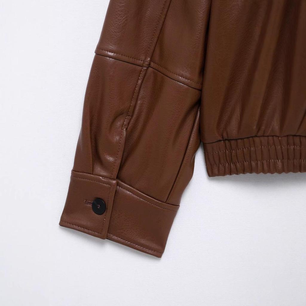 European and American Women's Fashion 2025 Spring Pilot Long Sleeve Faux PU Jacket