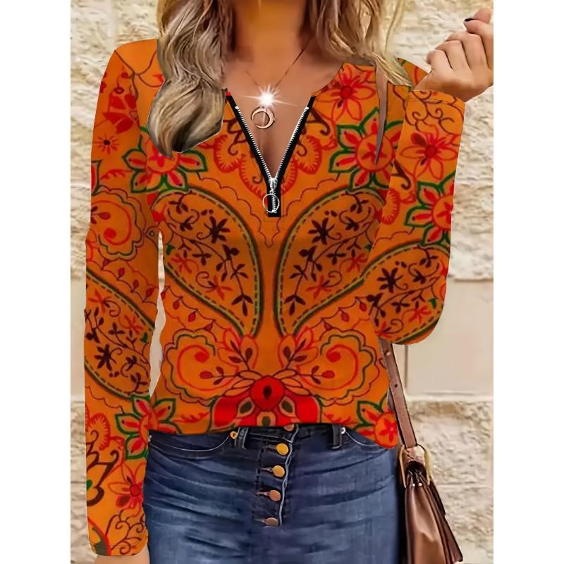 Dámský ležérní top na zip s dlouhým rukávem, lehký a pohodlný, pratelný v pračce, s vintage uměleckým designem, ideální pro každodenní nošení