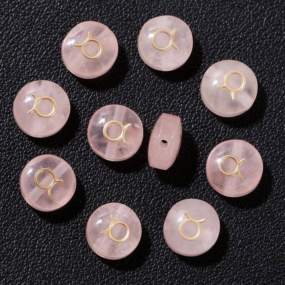 5pcs 8MM Pink Natural Rose Quartz Flat Round 12 zodiac signs constellation Stone Charms For DIY Making Jewelry