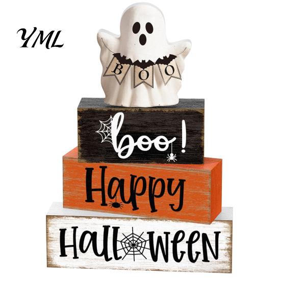 Indoor Fall Home Accents Halloween Ghost Decoration, Wooden Sign Tiered Tray Ornament, Farmhouse Durable Solid Wood Crafts Tabletop Centerpiece
