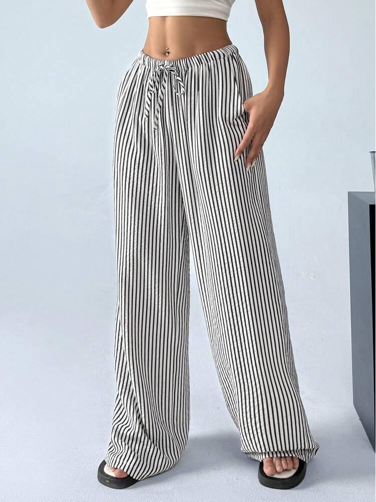 2026 Spring/Autumn Striped Drawstring Wide-Leg Women s Casual Pocket Pants L