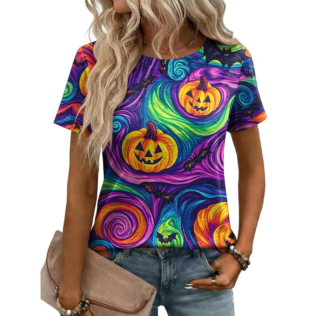 Women Casual Loose Fit Short Sleeve T Shirt Halloween Pumpkin Pattern Print Crew Neck Top Lightweight Soft Fabric