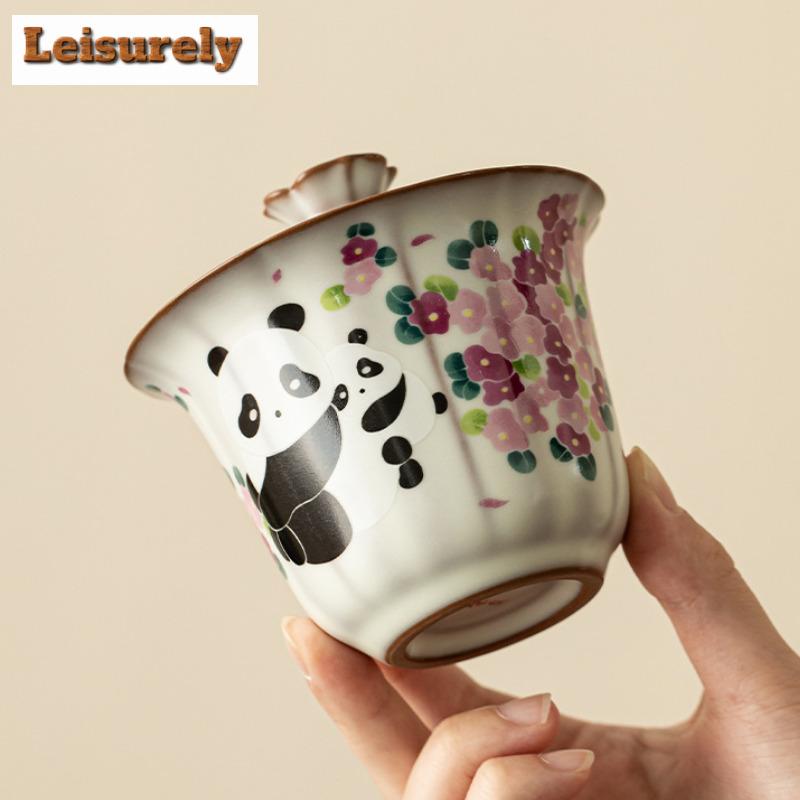 120ml Antique Ru Kiln Porcelain Gaiwan Chinese Cute Panda Sancai Cover Bowl Tea Making Tea Tureen Women Cafes Teaware Collection