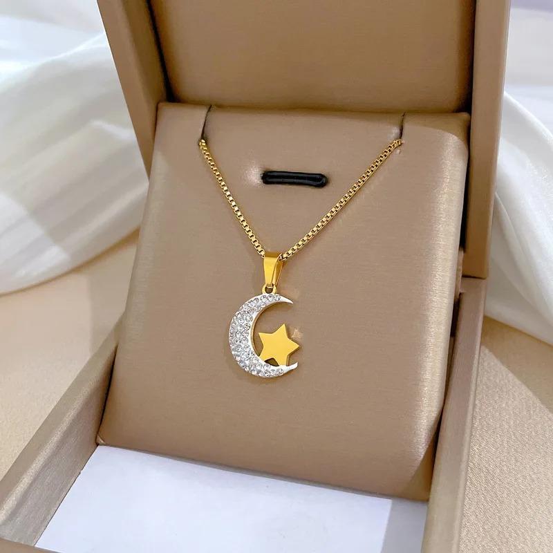 New Titanium Steel No Rust Inlay Cubic Zirconia Stone Moon Star Pendant Necklace for Women Dainty Charm Girls clavicle Necklace