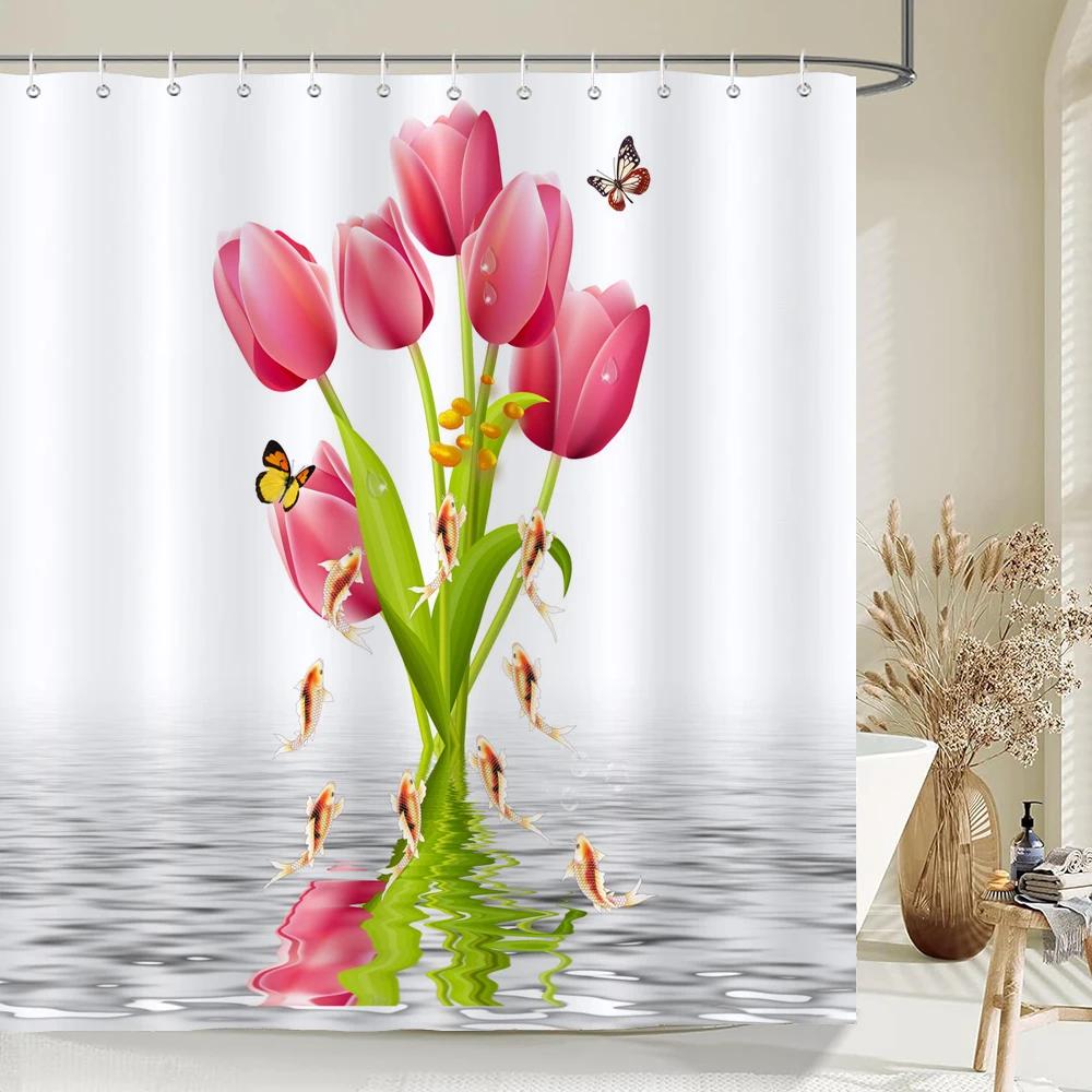 Flower Butterfly Tulip Bath Curtain Waterproof Fabric Shower Curtains Floral Leaf Bathtub Screen for Bathroom Home Decor