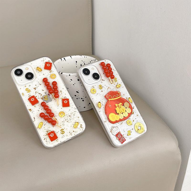 New Year Snake Phone Case for IPhone16 Lucky Bag Candied Haws for Apple 17 Gold Foil Red Packet Yuanbao