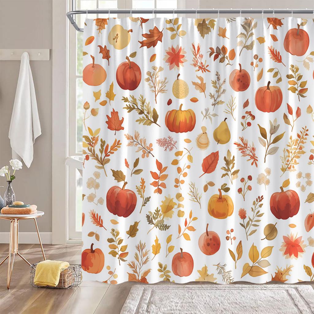 Herbstkürbis Cartoon Druck Duschvorhang Erntesaison Ahornblätter Fallendes Laub Herbstlandschaft Badezimmer Dekoration Natur Badvorhang