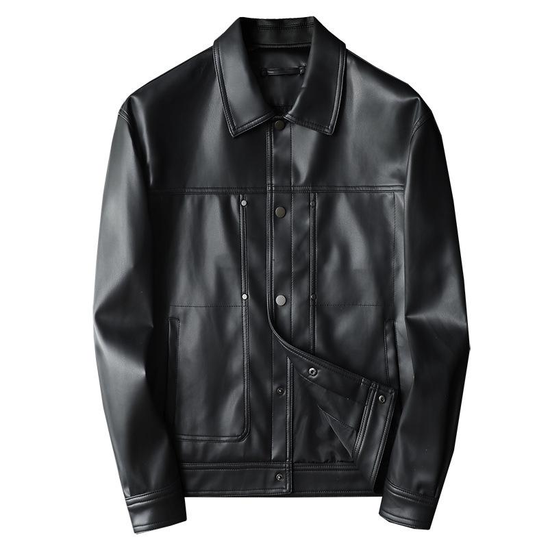 European Station Autumn and Winter New Men's Fashion PU Leather Lapel Locomotive Leather Jacket Slim Trendy Men's Jacket