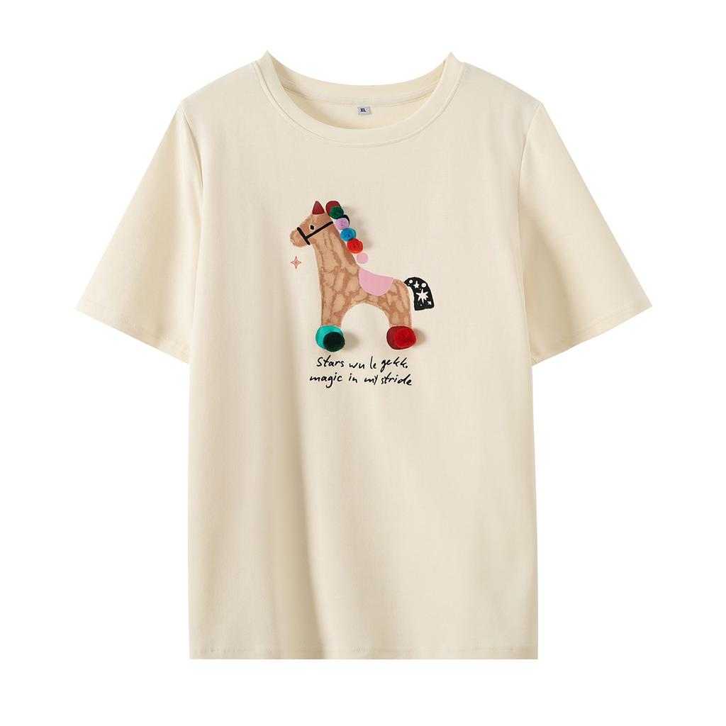 Large size natal year printed pony ball T-shirt 2026 spring new pullover versatile loose top 124326